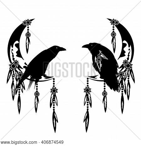 Mystical Raven Bird And Moon Crescent Decorated With Tribal Ornament - Esoteric Spiritual Black And 