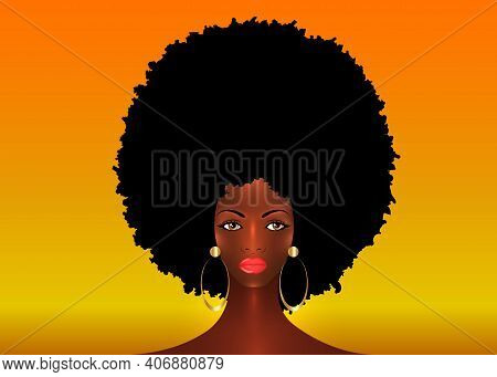 Portrait African American Woman, Dark Skin Female Face With Beautiful Traditional Black Afro Hair St