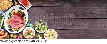 Traditional Easter Ham Dinner. Above View Corner Border On A Dark Wood Banner Background With Copy S