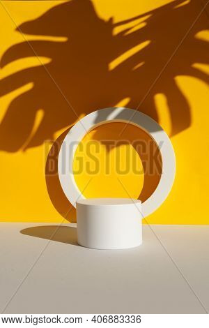 Minimal Modern Product Display Podium On Textured Gray And Yellow Background With Mostera Shadows
