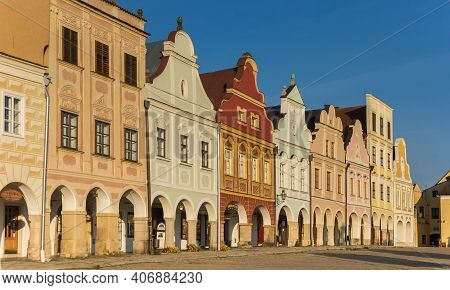Telc, Czech Republic - September 14, 2020: Colorful Houses At The Market Square In Telc, Czech Repub