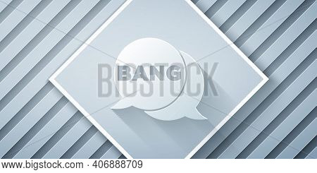 Paper Cut Bang Boom, Gun Comic Text Speech Bubble Balloon Icon Isolated On Grey Background. Paper Ar