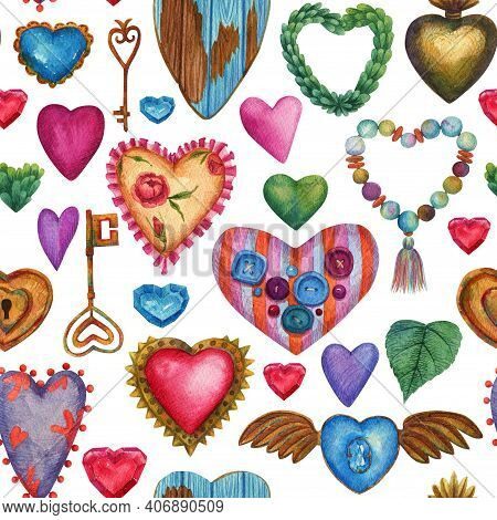Watercolor Seamless Heart Background. Cute Love Pattern