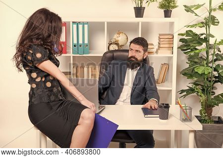 Employee Hiring. Company Employer And Employee. Professional Couple In Office. Business Woman And Ma