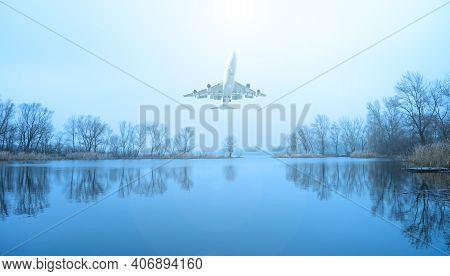 Airplane Over The Lake And Dark Trees. The Sun Is Shining