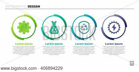 Set Leaf Plant In Gear Machine, Garbage Bag With Recycle, Recycle Symbol Inside Shield And Solar Ene