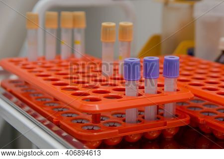 Laboratory Tray With Blood Collection Vacutainers, Selective Focus.