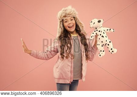 Playful Beauty. Cold Season In Warm Clothes Accessory. Happy Kid Pink Background. Kid Fashion. Hipst