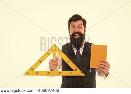 Geometry Works Wonders For You. Geometry Teacher Ready For Lesson. Hipster Hold Triangle And Gradebo