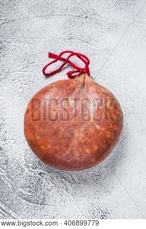 Sobrassada Cured Meat Sausage From Ground Pork, Paprika And . White Background. Top View