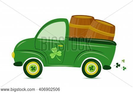St. Patrick's Day Truck. Vector Retro Cartoon Pick-up Truck With Shamrock  And Beer Barrels For Happ