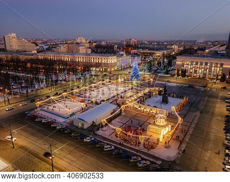 Street Illumination During New Year Celebration In Central Square Of Lenin In Voronezh, Russia, Aeri