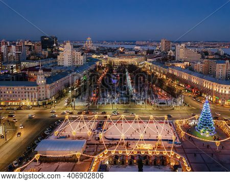 Street Illumination During New Year Celebration In Central Square Of Lenin In Voronezh, Russia, Aeri