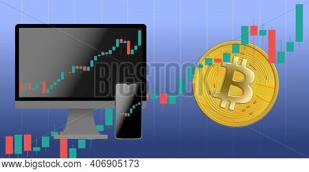Illustration With Bitcoin Coins In The Background Depicting Cryptocurrencies Trading. Economical Sto