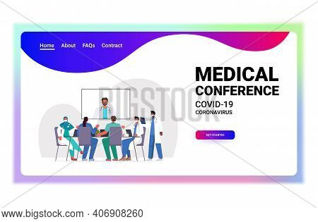 Team Of Doctors Having Video Conference Mix Race Medical Specialists Discussing At Round Table Medic