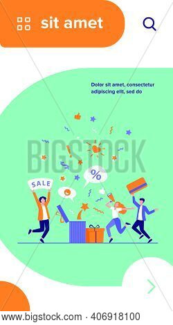 Customers Celebrating Sale. People Holding Gift, Credit Card, Loudspeaker, Dancing, Having Fun. Vect