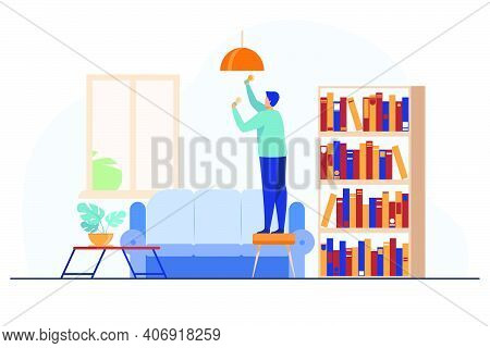 Man Inserting Light Bulbs Into Chandelier. Repair, Lighting. Flat Vector Illustration. Housekeeping 