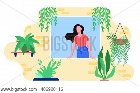 Woman Sticking Out From Window With Home Plants. Houseplants, Greenhouse, Eco Interior Flat Vector I