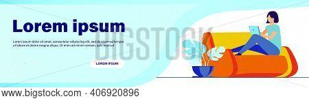 Young Woman Relaxing At Sofa With Laptop Flat Vector Illustration. Lady Sitting Home And Watching Mo