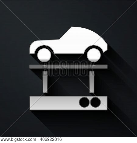 Silver Repair Car On A Lift Icon Isolated On Black Background. Repair Of The Underbody, Suspension, 