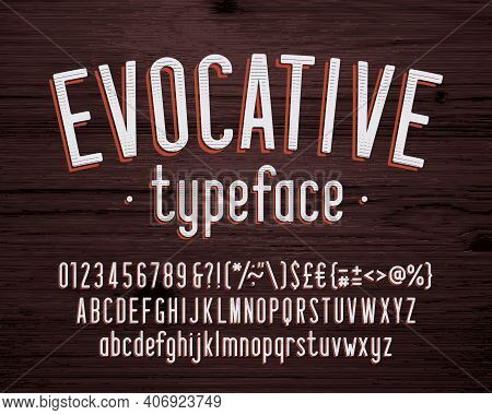 Evocative Alphabet Font. Vintage Condensed Letters, Numbers And Symbols. Uppercase And Lowercase. St