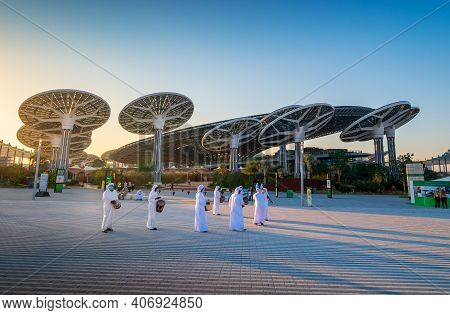 Dubai, United Arab Emirates - February 4, 2020: Emirati Entertainers In Front Of Terra Sustainabilit