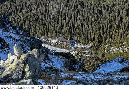 Poprad Tarn With Hut From Ostrva Peak, High Tatras Mountains, Slovak Republic. Hiking Theme. Travel 