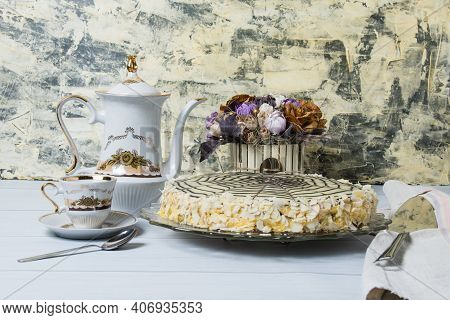 Delicious Festive Esterhazy Cake With Tea On A Light Background.