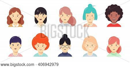 Girls Happy Faces Flat Vector Illustration Set. Women Userpic, Avatar Icons For Social Network, Web 
