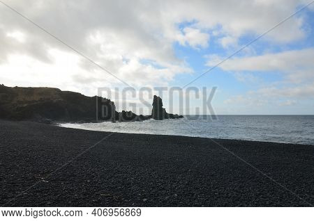 Thick Cloud Cover Over Dritvik Black Sand Beach.