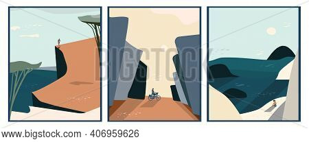 Set Of Abstract Landscapes With Ocean,beach,rocks And Sun.paper Cut Style.mid Century Art Modern Pos