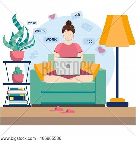Cute Young Woman Sitting On Comfy Chair With Laptop Computer In Cozy Room. Daily Life Of Freelance W