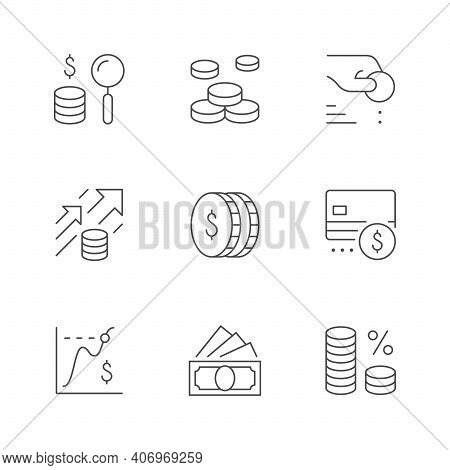 Set Line Icons Of Money Isolated On White. Coin Stack, Paper Currency, Credit Card, Finance Graph, I