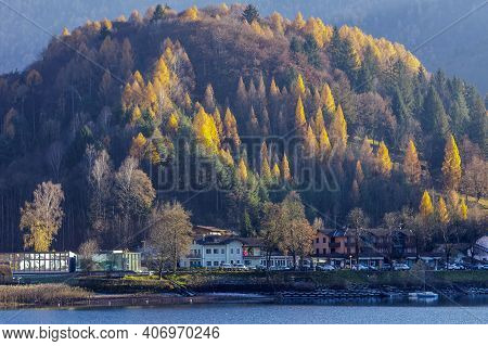 Beautiful View Of The Shore Of Lake Ledro, Molina Di Ledro In The Province Of Trento, With The Color