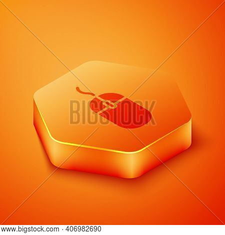 Isometric Computer Mouse Icon Isolated On Orange Background. Optical With Wheel Symbol. Orange Hexag