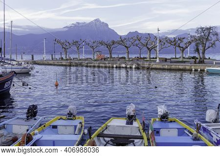 Torri Del Benaco, Italy - December 12 2020: The Town Is Located On The Medium East Coast Of Lake Gar
