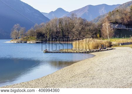 Molina Di Ledro, Italy - November 29 2020: Public Beach Of Lake Ledro.
