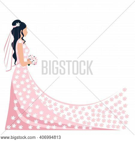 Beautiful Bride With A Hairstyle In A Lace White Dress With A Veil Side View. Flat Background Weddin
