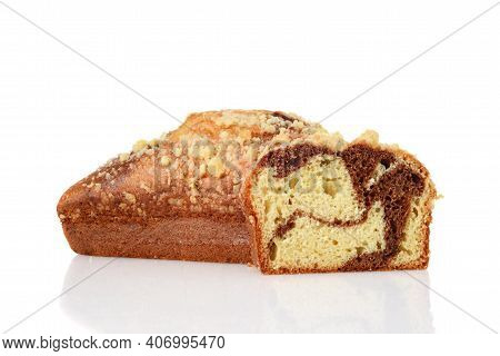 Sliced Cinnamon Swirl Loaf Cake On White