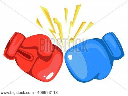 Two Boxing Gloves, Red And Blue, Sport And Boxing Concept, Vector Flat Illustration, Isolated On Whi