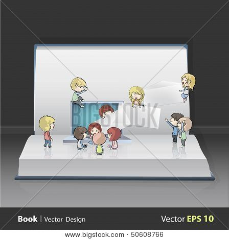 Kids Around Laptop Printed On Book. Vector Design. . Vector Design