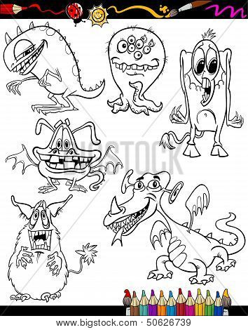 Monsters Cartoon Set For Coloring Book
