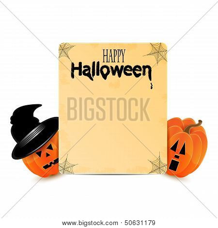 Halloween Background.two Orange Pumpkins And Old Sheet Of Paper Decorated With Cobwebs.vector