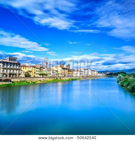 Florence Or Firenze Arno River Landscape. Tuscany, Italy.