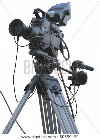Tv Professional Studio Digital Video Camera On Tripod Isolated Over White