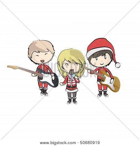 Kids With Santa Claus Costume Playing Music. Vector Design