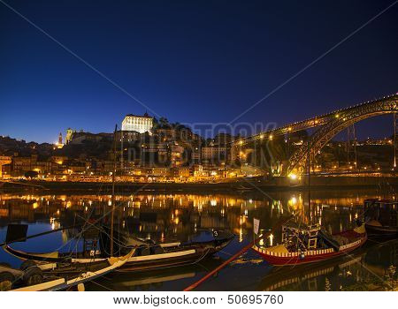 Old Town River Area Of Porto In Portugal At Night
