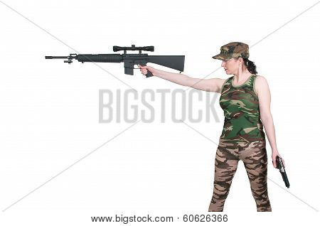 Woman With Assault Rifle And Handgun