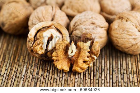 Fresh Walnuts On Bamboo Mat