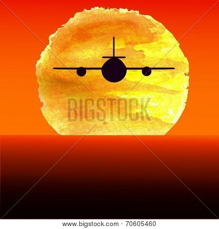 Silhouette of an airplane flying at watercolor